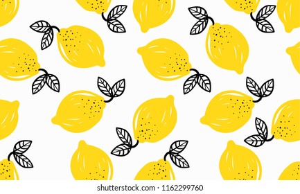 Seamless bright light pattern with Fresh lemons for fabric, drawing labels, print on t-shirt, wallpaper of children's room, fruit background. Slices of a lemon doodle style cheerful background.