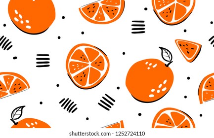 Seamless Bright Light Pattern With Fresh Oranges For Fabric, Drawing Labels, Print On T-shirt, Wallpaper Of Children's Room, Fruit Background. Slices Of A Orange Doodle Style Cheerful Background.