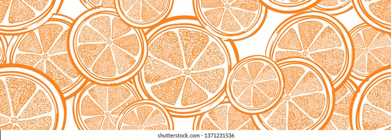 Seamless bright light pattern with Fresh oranges for fabric, drawing labels, print on t-shirt, wallpaper of children's room, fruit background. Slices of a orange doodle style cheerful background.