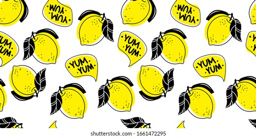 Seamless bright light pattern with Fresh lemons for fabric, drawing labels, print on t-shirt, wallpaper of children's room, fruit background. Slices of a lemon doodle style cheerful Summer background.