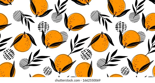 Seamless bright light pattern with Fresh oranges for fabric, drawing labels, print on t-shirt, wallpaper of children's room, fruit Summer background. Slices of orange doodle style cheerful background.