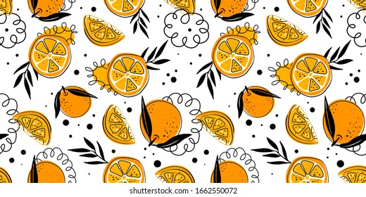 Seamless Bright Light Pattern With Fresh Oranges For Fabric, Drawing Labels, Print On T-shirt, Wallpaper Of Children's Room, Fruit Summer Background. Slices Of Orange Doodle Style Cheerful Background.