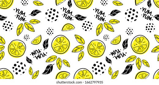 Seamless bright light pattern with Fresh lemons for fabric, drawing labels, print on t-shirt, wallpaper of children's room, fruit background. Slices of a lemon doodle style cheerful background.