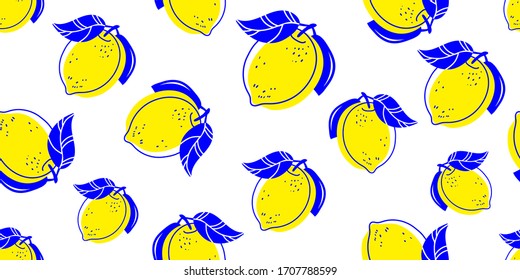 Seamless bright light pattern with Fresh lemons for fabric, drawing labels, print on t-shirt, wallpaper of children's room, fruit background. Slices of a lemon doodle style cheerful background.