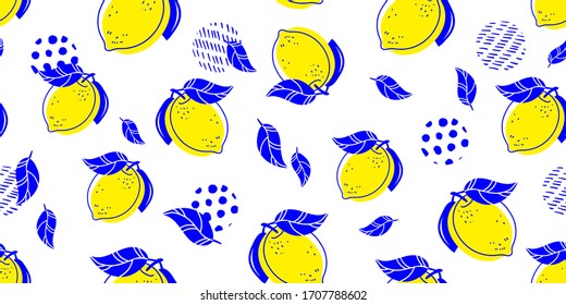 Seamless bright light pattern with Fresh lemons for fabric, drawing labels, print on t-shirt, wallpaper of children's room, fruit background. Slices of a lemon doodle style cheerful background.