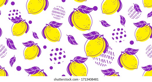 Seamless bright light pattern with Fresh lemons with purple leaves for fabric, drawing labels, print on t-shirt, wallpaper  fruit background. A lemon doodle style cheerful background.