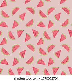 Seamless bright light pattern with fresh watermelon for fabric, label drawing, t-shirt printing, children's room Wallpaper, fruit background. Pieces of watermelon style fun background.