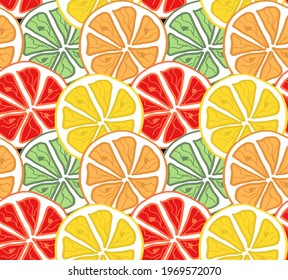 Seamless bright light pattern with Fresh citrus for fabric, drawing labels, print on t-shirt, wallpaper of children's room. Slices oflemon, lime, orange, citrus doodle style cheerful background.