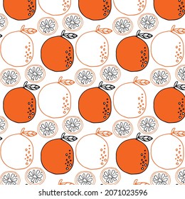 Seamless bright light pattern with Fresh oranges for fabric, drawing labels, print on t-shirt, wallpaper of children's room, fruit background. Slices of orange doodle style cheerful background.