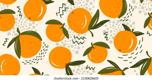 Patrón de luz brillante sin foco con naranjas frescas para tela, etiquetas de dibujo, impresión en camiseta, papel pintado de la habitación de los niños, fondo de fruta. Dibujo de un doodle de color naranja alegre fondo.