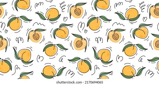 Seamless bright light pattern with Fresh peaches for fabric, drawing labels, print on t-shirt, wallpaper of children's room, fruit background. Slices of a peaches doodle style cheerful background.