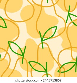 Seamless bright light pattern with Fresh pears for fabric, drawing labels, print on t-shirt, wallpaper of children's room, fruit background. Juicy pears in doodle style cheerful background.