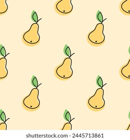 Seamless bright light pattern with Fresh pears for fabric, drawing labels, print on t-shirt, wallpaper of children's room, fruit background. Juicy pears in doodle style cheerful background.