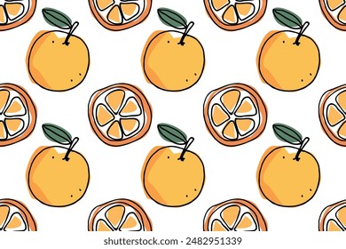 Seamless bright light pattern with Fresh oranges for fabric, drawing labels, print on t shirt, wallpaper of children's room, fruit background. Slices of orange doodle style cheerful background.