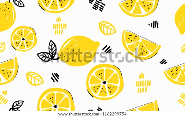布地 ラベルの描画 Tシャツに印刷 子ども用の部屋の壁紙 フルーツの背景にシームレスな明るいパターンと新鮮なレモン レモン 落書き風の明るい背景にスライス のベクター画像素材 ロイヤリティフリー
