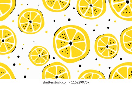 Seamless bright light pattern with lemons for fabric, drawing labels, print on t-shirt, wallpaper of children's room, fruit background. Slices of a lemon doodle style cheerful background.