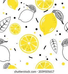 Seamless bright light pattern with lemons for fabric, drawing labels, print on t-shirt, wallpaper of children's room, fruit background. Slices of a lemon doodle style cheerful background