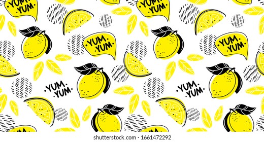 Seamless bright light Summer pattern with Fresh lemons for fabric, drawing labels, print on t-shirt, wallpaper of children's room, fruit background. Slices of a lemon doodle style cheerful background.