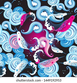 Seamless bright marine pattern with narwhal on ornamental background. Design template for fabric, wallpaper or poster.