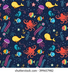 Seamless bright marine world pattern with fish, whale, octopus, jellyfish, 
starfish, anchor and seaweed