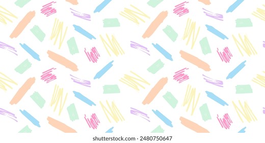 Seamless bright multicolor horizontal pattern with marker strokes. Abstract decorative pattern with brushstrokes. Pattern on changeable white background.