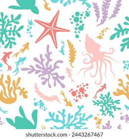 Seamless bright multicolored children's concise marine pattern vector set with tropical fish, coral, jellyfish, seaweed, starfish, bubbles and octopus on white background