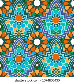 seamless bright multi-colored geometric pattern based on Moroccan patterns, vector illustration