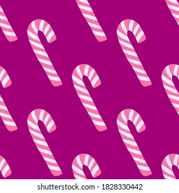 Seamless bright new year pattern with pink and white colored candy shapes. Violet background. Sweet food backdrop. Backdrop for fabric design, textile print, wrapping, cover. Vector illustration.