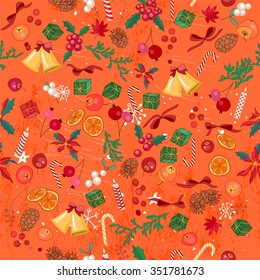 Patrón naranja brillante sin inconveniente con elementos navideños tradicionales. Para el diseño festivo, anuncios, tarjetas de felicitación, postales, carteles.