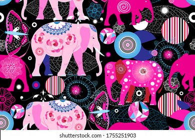 Seamless bright ornamental pattern of elephants and geometry on a dark background. Template for fabric or Wallpaper design.