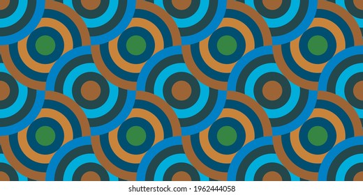 Patrón luminoso sin brillo en el estilo de los años 60. Plantilla para tela o papel de envoltura. El ornamento de lujo circular. Patrón geométrico del vector abstracto. Diseño textil. Combinaciones de colores de moda. Disco. Círculos