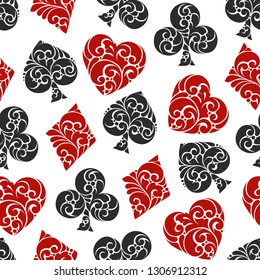 Patrón brillante inconsútil con símbolos florales abstractos de la tarjeta de juego negra y roja