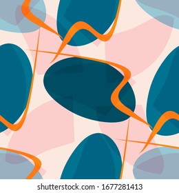 Seamless bright pattern of abstract shapes and twisted lines. Vector decorative colorful background