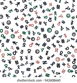 Seamless bright pattern of abstract symbols. Transparent background.