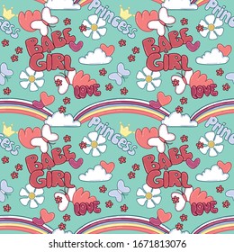 Niña de color claro y sin manchas con nubes, sol, corazones, arcoiris, inscripciones y mariposas en un fondo azul. Texturas vectoriales para textiles, tejidos,