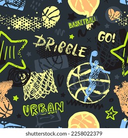 Patrón brillante sin foco para el baloncesto. Antecedentes con baloncesto, aro, letras y estrellas para el diseño de textiles deportivos, camisetas. Dibujado a mano, estilo grunge.