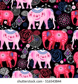 Seamless bright pattern of beautiful elephants on a dark background with flowers