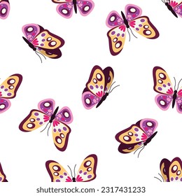 Seamless bright pattern with beautiful flying butterflies on a white background. Vector graphic.