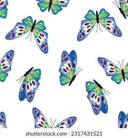 Seamless bright pattern with beautiful flying butterflies on a white background. Vector graphic.