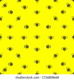 Seamless bright pattern of bees. Contour black drawing on a yellow background.