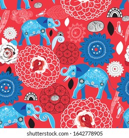 Seamless bright pattern of blue elephants on a floral red background. Template for Wallpaper or fabric.