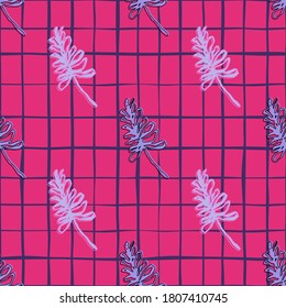 Seamless bright pattern with branches silhouettes. Blue tones contoured foliage on pink chequered background. Decorative backdrop for wallpaper, textile, wrapping, fabric print. Vector illustration.