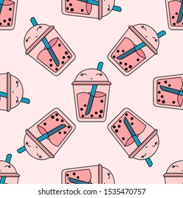 Seamless bright pattern bubble tea fruit summer drink vector kawaii positive joyful illustration on pink background