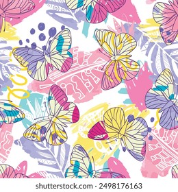 Seamless bright pattern with butterflies.  hand drawn butterflies. Pattern for textiles, children's clothes, wrapping busakgi .. Girlish background