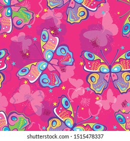 Seamless bright pattern with butterflies. Paints paint, hand drawn butterflies. Pattern for textiles, children's clothes, wrapping busakgi .. Girlish background