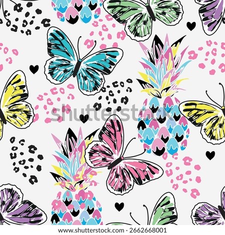 Seamless bright pattern with butterflies and pineapple.  hand drawn butterflies. Pattern for textiles, children's clothes, wrapping busakgi .. Girlish background