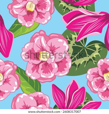 Seamless bright pattern with camellia and cyclamen flowers on blue background. Vector