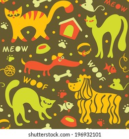 Seamless bright pattern with cartoon cats and dogs on dark background in vector 