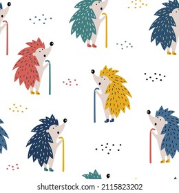 Seamless bright pattern with cartoon cute hedgehogs