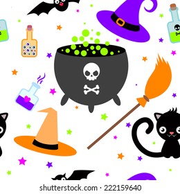 Seamless bright pattern with cartoon elements of witchcraft and witch - - cauldron of potion, bubbles with venom , black cat, bat, broom, hat